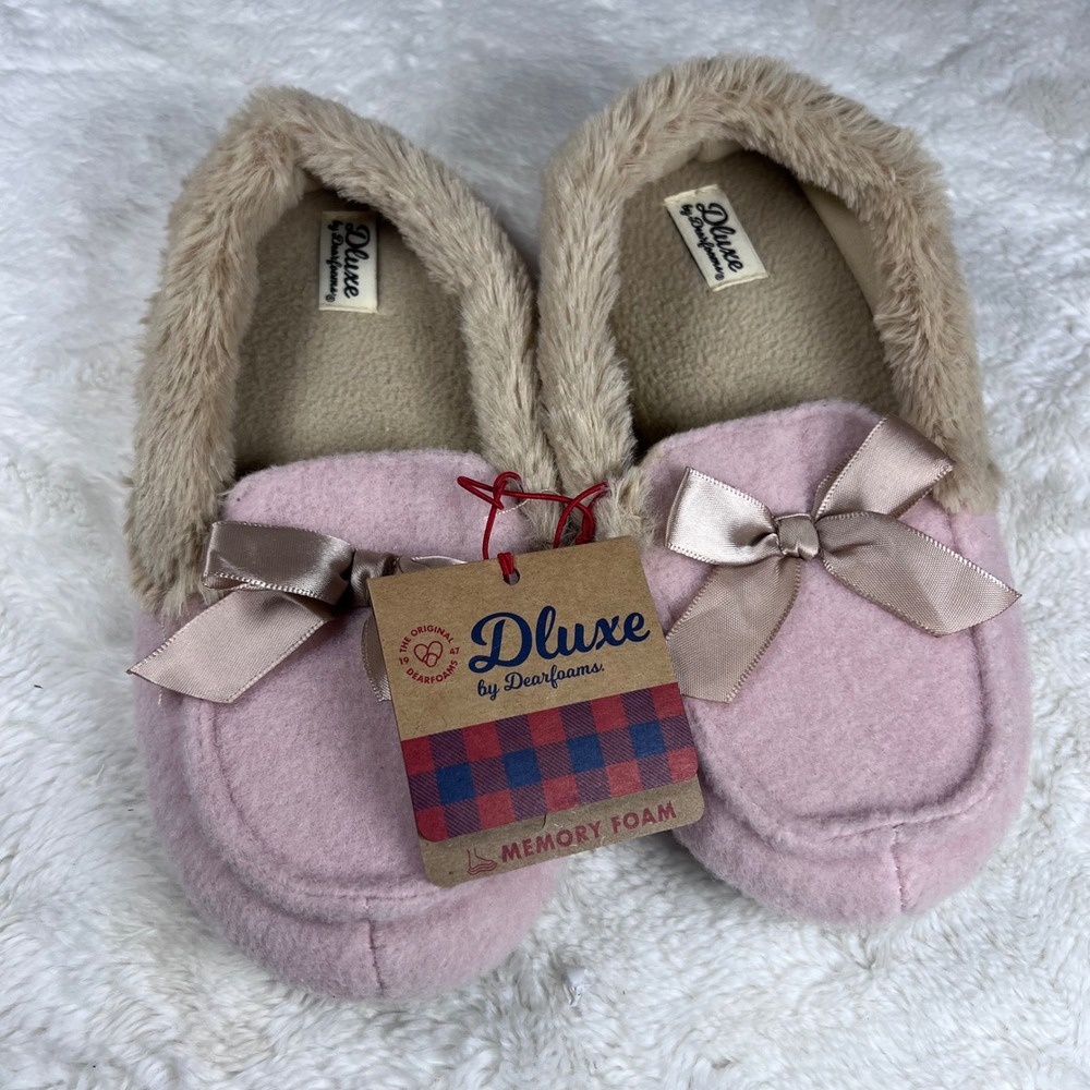 DLUXE by Dearfoams Pink Memory Foam Slippers Bow Plush Fur Lined‎ Girls NWT